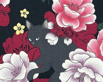 Japanese fabric -- Dark gray cats, dark red peonies, and metallic gold flowers on black -- 100% cotton quilting fabric
