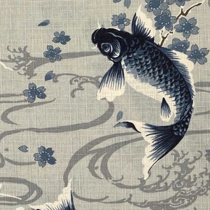 Japanese DOBBY fabric -- Blue koi fish with blue cherry blossoms on textured light gray cotton -- 100% cotton dobby fabric
