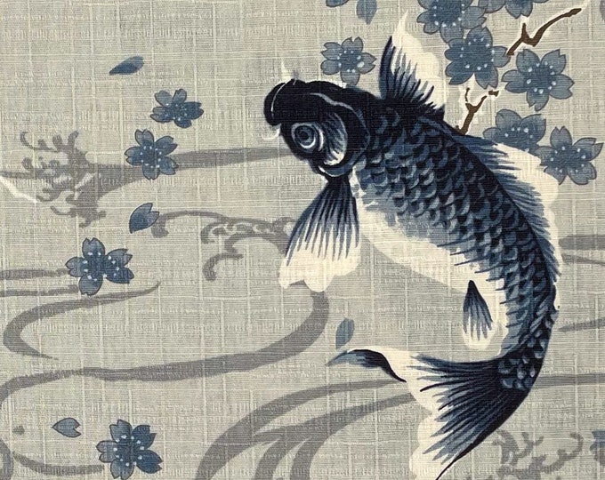 Japanese DOBBY Fabric -- Blue Koi Fish With Blue Cherry Blossoms on ...