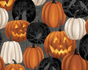 Halloween fabric -- Orange, black and white pumpkins and jack-o-lanterns on textured dark gray -- 100% quilting cotton fabric by the yard