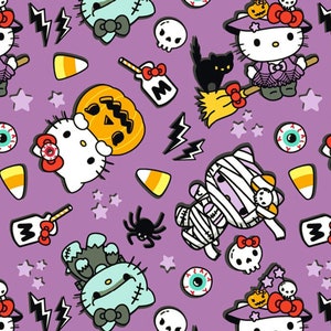 Halloween Hello Kitty fabric -- Hello Kitty dressed up in Halloween costumes on purple -- 100% cotton quilting fabric