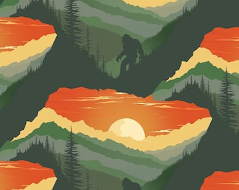 Bigfoot fabric -- Bigfoot stomping through the mountains at sunset -- 100% cotton quilting fabric