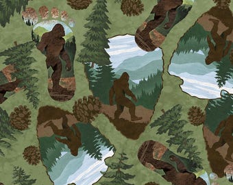 Scattered Bigfoots in footprints and arrowhead cutouts with trees and pine cones on mottled sage green -- 100% cotton quilting fabric