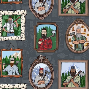 Puede incluir: Tela con un patrón repetitivo de retratos enmarcados de leñadores con hachas. Los retratos tienen varios estilos de marco y fondos, incluyendo montañas y bosques. El fondo es gris oscuro con ilustraciones de hachas y árboles. El texto "SEWN IN SEATTLE" es visible.