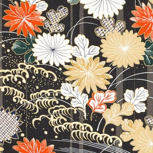 Japanese fabric -- Orange, cream, and tan chrysanthemum with metallic gold highlights on charcoal gray -- 100% cotton quilting fabric