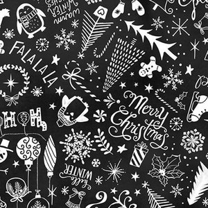 Kerststof -- Kerstkrijtbordkrabbels op zwart -- 100% katoenen quiltstof