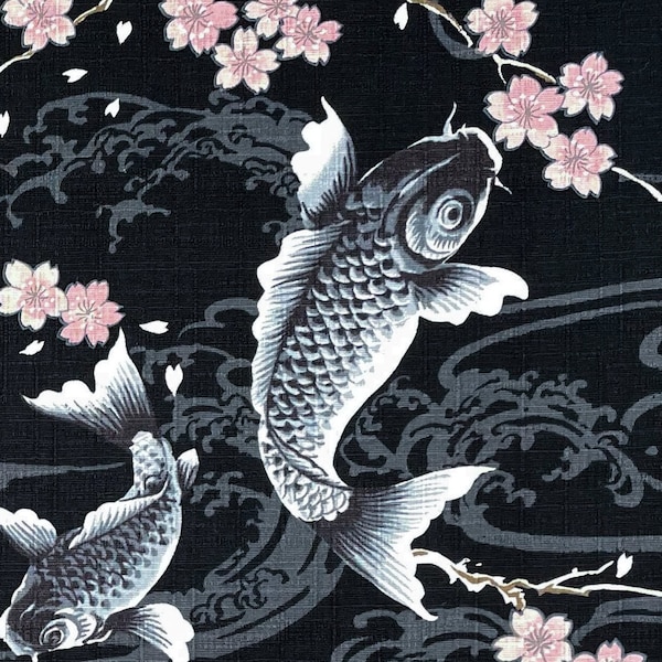 Japanischer DOBBY-Stoff -- Schwarze und blau-graue Koi Fische mit rosa Kirschblüten auf schwarzer Baumwolle -- 100% Baumwoll-Dobby-Stoff