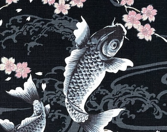 Japanese DOBBY fabric -- Black and blue-gray koi fish with pink cherry blossoms on textured black cotton -- 100% cotton dobby fabric