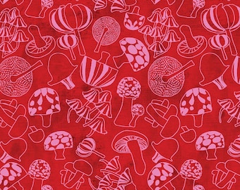Mushroom fabric -- Monochrome mushrooms scattered on mottled raspberry red -- 100% cotton quilting fabric