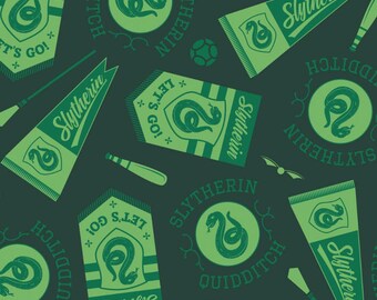HARRY POTTER fabric -- Slytherin house banners and quidditch gear scattered on green -- 100% cotton quilting fabric