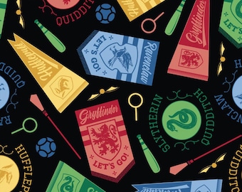 HARRY POTTER fabric -- Hogwarts House banners and quidditch gear scattered on black -- 100% cotton quilting fabric
