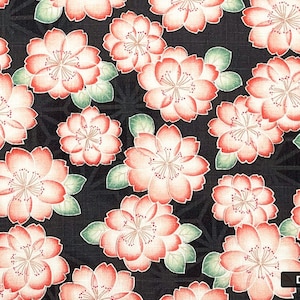 Japanese DOBBY fabric -- Large salmon pink/white cherry blossoms on black/darkl gray, patterned, textured cotton -- 100% cotton dobby fabric