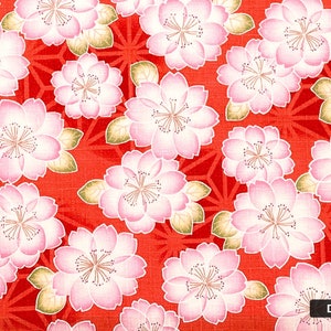 Japanese DOBBY fabric -- Large pink/white cherry blossoms on red/salmon red, patterned, textured cotton -- 100% cotton dobby fabric