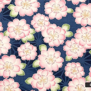 Japanese DOBBY fabric -- Large pink/white cherry blossoms on blue, patterned, textured cotton -- 100% cotton dobby fabric
