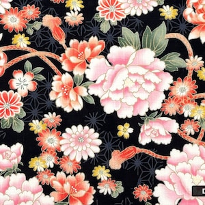 Japanese DOBBY fabric -- Peonies, chrysanthemums, and cherry blossoms on black, patterned, textured cotton -- 100% cotton dobby fabric