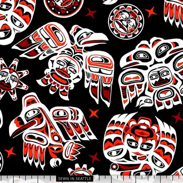 Animals in Northwest Native American formline art style on black cotton fabric -- 100% cotton quilting fabric