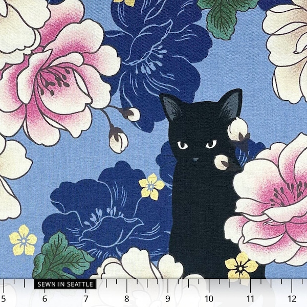 Japanese fabric -- Black cats, peonies, and metallic gold flowers on blue -- 100% cotton quilting fabric