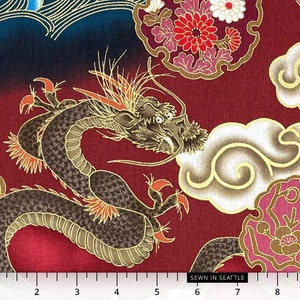 Japanese fabric -- Large dragons flying through clouds and wind with metallic gold highlights on dark red -- 100% cotton quilting fabric