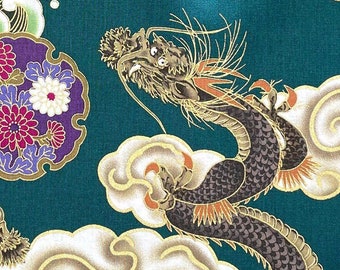 Japanese fabric -- Large dragons flying through clouds and wind with metallic gold highlights on teal -- 100% cotton quilting fabric