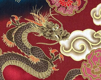 Japanese fabric -- Large dragons flying through clouds and wind with metallic gold highlights on dark red -- 100% cotton quilting fabric