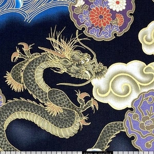 Japanese fabric -- Large dragons flying through clouds and wind with metallic gold highlights on black -- 100% cotton fabric by the yard