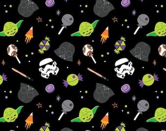 Star Wars Halloween fabric -- Star Wars candy and characters on black -- 100% cotton quilting fabric