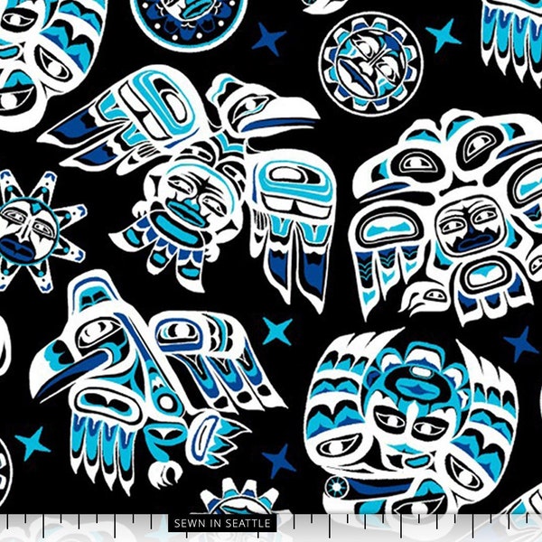 Animals in Northwest Native American formline art style on black cotton fabric -- Blue colorway -- 100% cotton quilting fabric