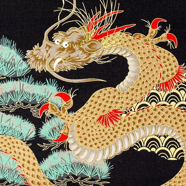 Japanese fabric -- Large crane and dragon on black with metallic gold patterns -- 100% cotton quilting fabric