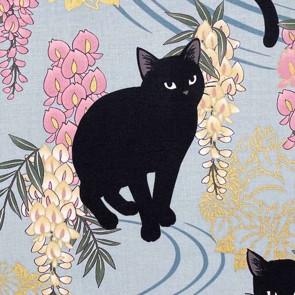 Japanese fabric -- Black cats, wisteria flowers, and metallic gold flowers on light blue -- 100% cotton quilting fabric
