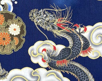 Japanese fabric -- Large dragons flying through clouds and wind with metallic gold highlights on blue -- 100% cotton quilting fabric