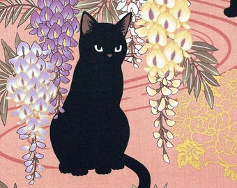 Japanese fabric -- Black cats, wisteria flowers, and metallic gold flowers on salmon pink -- 100% cotton quilting fabric