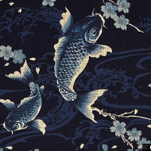 Japanese dobby fabric -- Blue and white koi fish with blue cherry blossoms on textured navy cotton -- 100% cotton dobby fabric