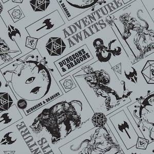 May include: Gray fabric featuring a repeating pattern of Dungeons & Dragons imagery. The design includes dice, monsters, weapons, and the text "Adventure Awaits" and "Dungeons & Dragons". The fabric is marked "Sewn in Seattle".