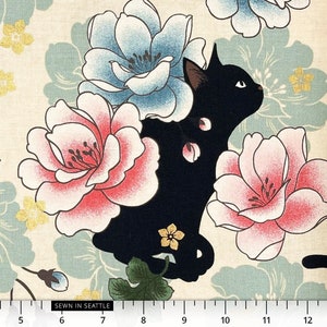 Japanese fabric -- Black cats, peonies, and metallic gold flowers on cream -- 100% cotton quilting fabric