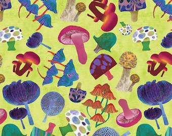 Mushroom fabric -- Colorful mushrooms scattered on chartreuse green -- 100% cotton quilting fabric