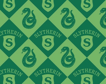 HARRY POTTER fabric -- Slytherin crest and colors in diamond pattern -- 100% cotton quilting fabric