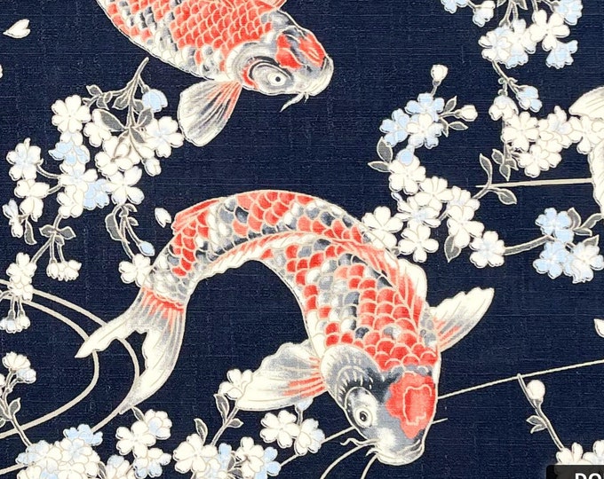 Japanese DOBBY Fabric -- Koi Fish Swimming Among Cherry Blossoms on ...