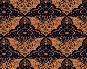 Halloween fabric -- Patterned orange bats with spiders, webs, moons, and stars on black -- 100% cotton quilting fabric