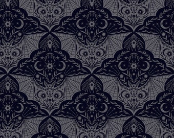 Halloween fabric -- Patterned gray bats with spiders, webs, moons, and stars on black -- 100% cotton quilting fabric