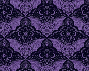 Halloween fabric -- Patterned purple bats with spiders, webs, moons, and stars on black -- 100% cotton quilting fabric