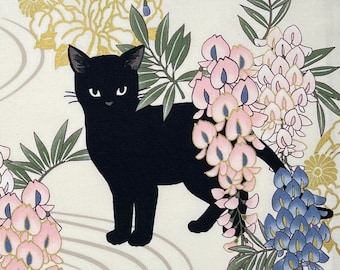 Japanese fabric -- Black cats, wisteria flowers, and metallic gold flowers on light cream -- 100% cotton quilting fabric