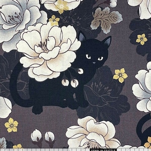 Japanese fabric -- Black cats,  peonies, and metallic gold flowers on dark gray -- 100% cotton quilting fabric