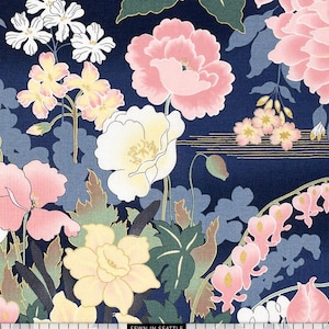 Tela japonesa - Floral japonés con aire art déco de los años 80 sobre azul marino - Tela 100 % algodón