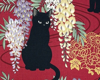 Japanese fabric -- Black cats, wisteria flowers, and metallic gold flowers on dark red -- 100% cotton quilting fabric