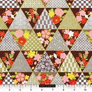 Japanese fabric -- Kimono patterns and flowers in triangles with metallic gold highlights in brown colorway -- 100% cotton quilting fabric