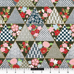 Japanese fabric -- Kimono patterns and flowers in triangles with metallic gold highlights in green colorway -- 100% cotton quilting fabric