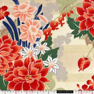 Japanese fabric -- Japanese floral with 80s art deco feel on light tan -- 100% cotton quilting fabric