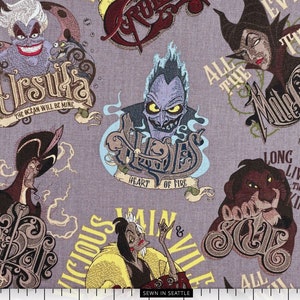 Disney villains fabric -- Maleficent, Ursula, Cruella, Hades, Scar, and Jafar on pewter gray -- 100% cotton quilting fabric