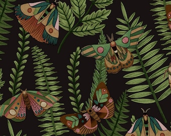 Fern fronds and moths on black -- 100% cotton quilting fabric