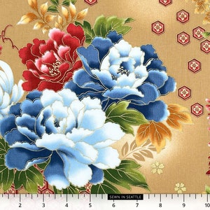 Japanese fabric -- Big floral and traditional kimono patterns with metallic gold highlights on warm camel/tan -- 100% cotton quilting fabric